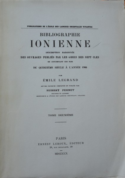 BIBLIOGRAPHIE IONIENNE TOME DEUXIEME (42.282Π)